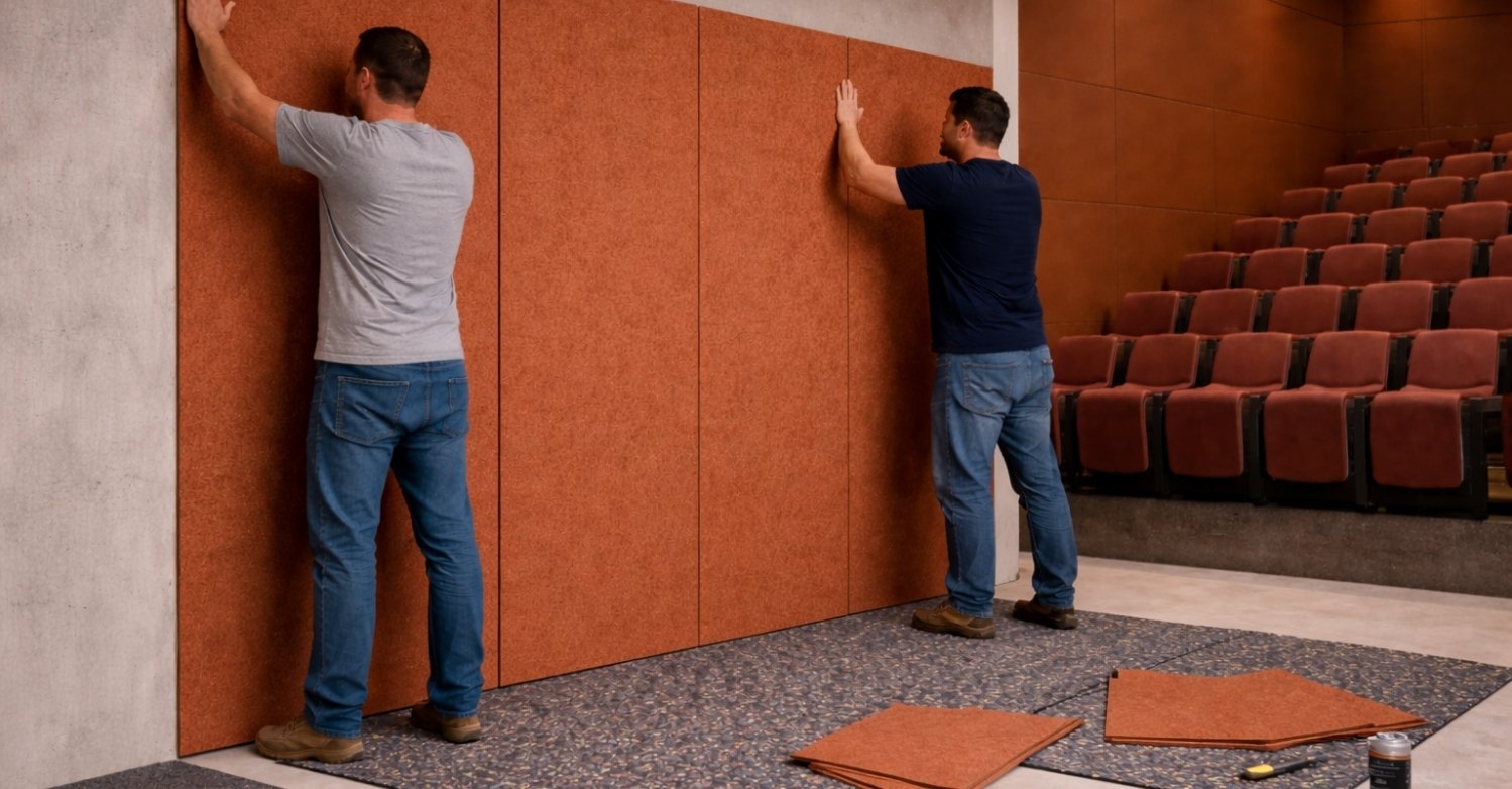 Acoustic panels for cinema reverberation control and finish